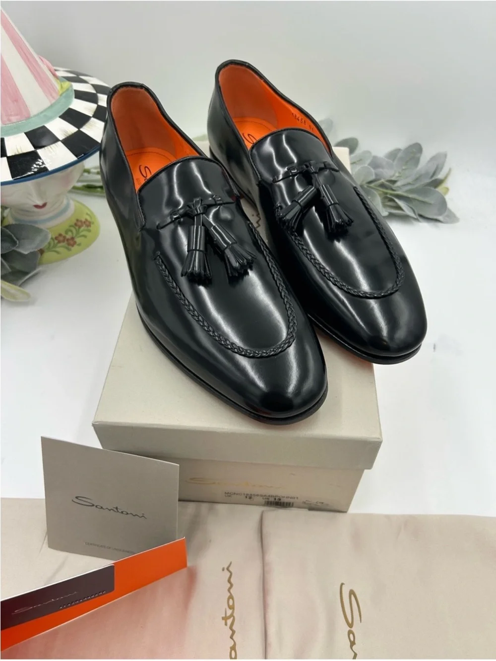 Men’s SANTONI black leather tassel loafer size 13 US made in Italy